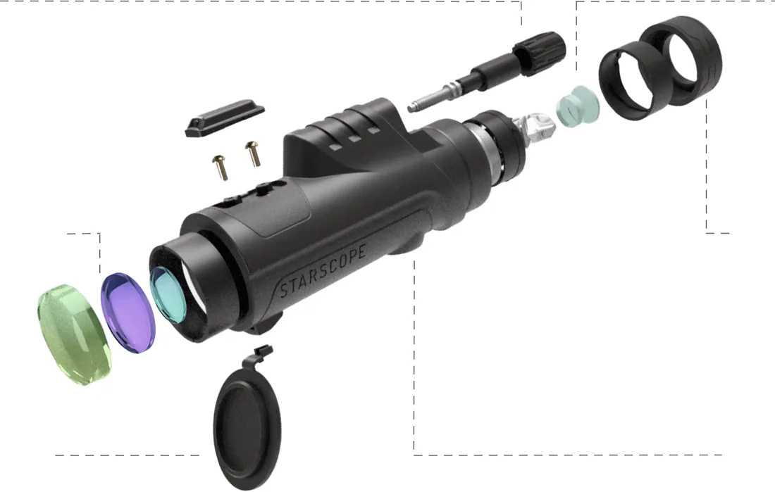 Exploded diagram of the monocular showing its lens layers, focus parts and cap